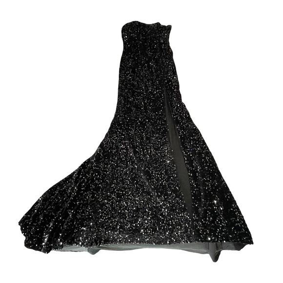 Formal Gown Sz 2 - Black Velvet w/ Sequins Throughout - High Slit & Train - EUC - Picture 1 of 14